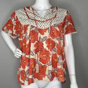 THML Top Floral Print Flutter Sleeve Tassel Tie Peasant Boho Colorful Size M